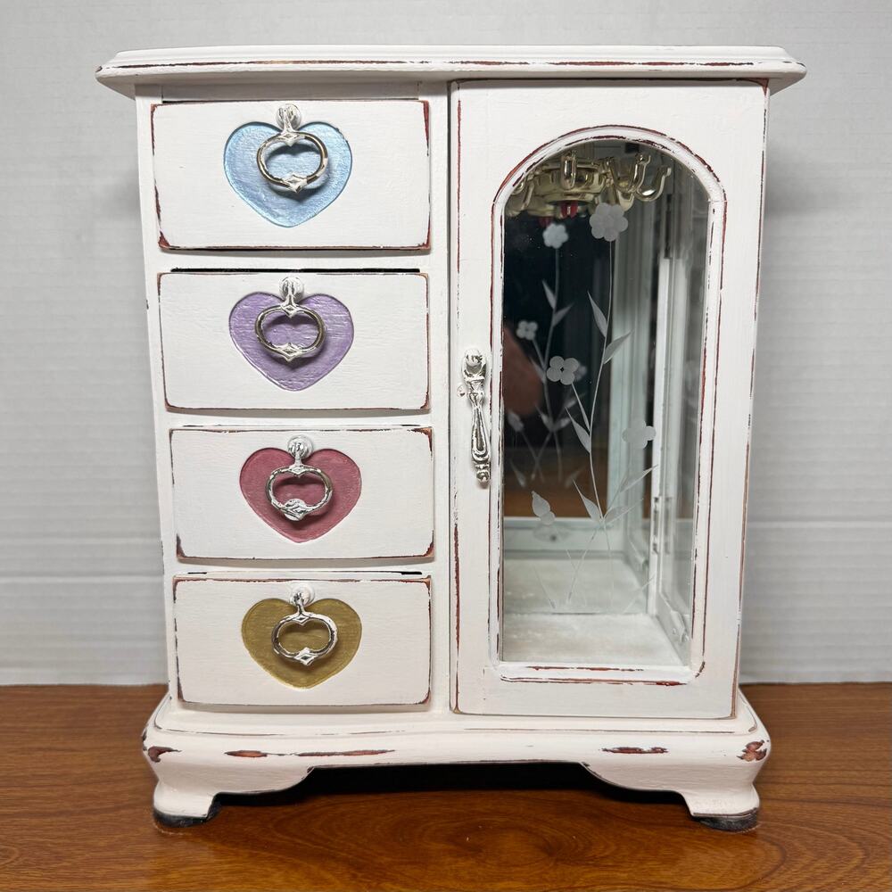 White Wooden Jewelry Box with Hearts Hooks & Drawers Unique